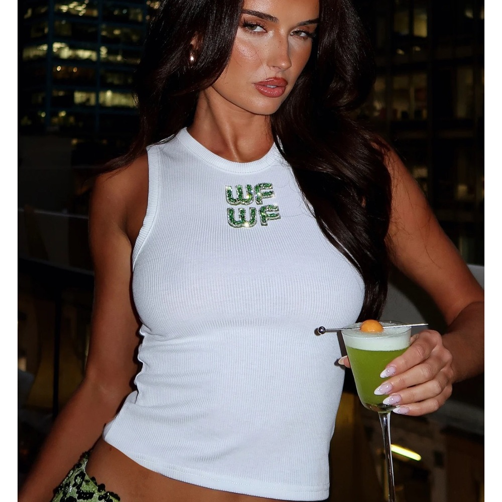 White Fox Boutique Fitted White and Green Sleeveless Tank Top